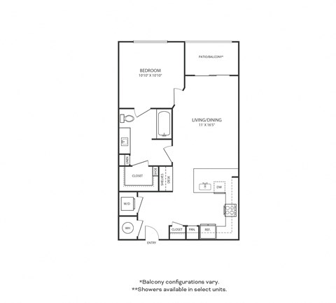 Floor plan for 1 bed, 1 bath, 661 sqft